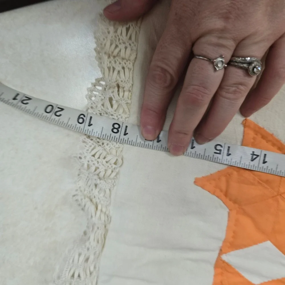 Vintage Handmade Quilted Star Pillow Sham Orange White Crochet Lace Trim 18x18